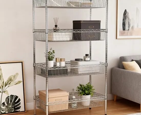 chrome-wire-shelving-4-tier 4-Tier Chrome Wire Shelving Unit with Baskets